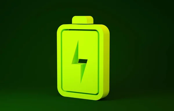 黄色电池图标隔离在绿色背景。 闪电的象征。 最低纲领的概念。 3d说明3d — 图库照片