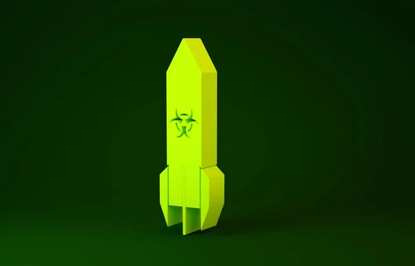 Yellow Biohazard rocket icon isolated on green background. Rocket bomb flies down. Minimalism concept. 3d illustration 3D render — Stok fotoğraf