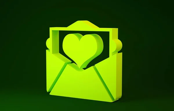 Yellow Envelope with Valentine heart icon isolated on green background. Letter love and romance. Minimalism concept. 3d illustration 3D render — Stock Photo, Image