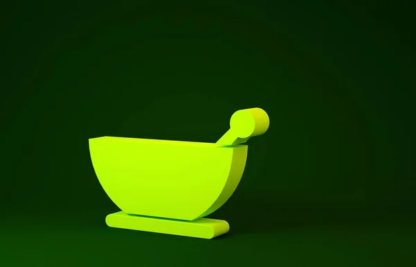Icono de mortero y mortero amarillo aislado sobre fondo verde. Concepto minimalista. 3D ilustración 3D render —  Fotos de Stock