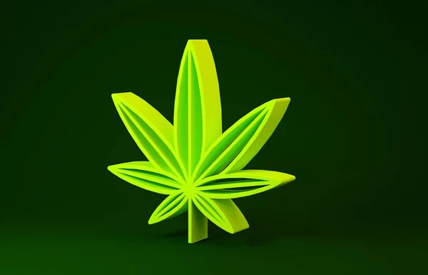 Sárga Orvosi marihuána vagy cannabis levél ikon elszigetelt zöld alapon. Kenderszimbólum. Minimalizmus koncepció. 3d illusztráció 3D render — Stock Fotó