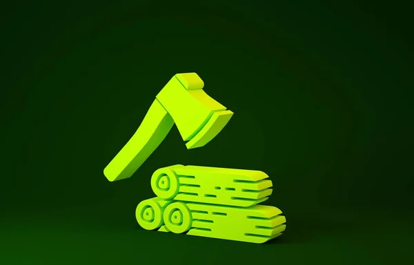 Yellow Wooden axe and wood icon isolated on green background. Lumberjack axe. Minimalism concept. 3d illustration 3D render — 스톡 사진