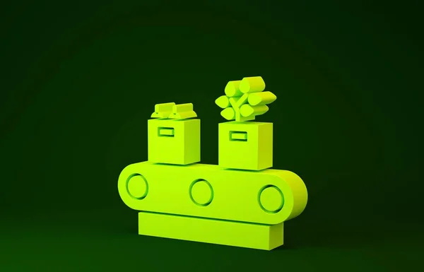 Žlutý dopravníkový pás s ikonou lepenkové krabice izolované na zeleném pozadí. Minimalismus. 3D ilustrace 3D vykreslení — Stock fotografie