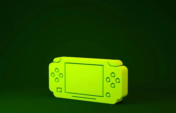 Ikon konsol permainan video Portabel kuning diisolasi dengan latar belakang hijau. Tanda Gamepad. Konsep permainan. Konsep minimalisme. Tampilan 3D ilustrasi 3d — Stok Foto