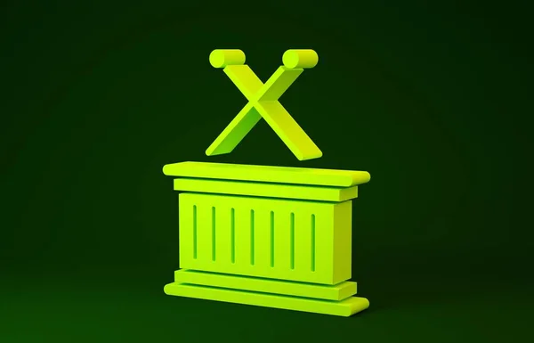 Yellow Musical instrument drum and drum sticks icon isolated on green background. Minimalism concept. 3d illustration 3D render — Stok fotoğraf