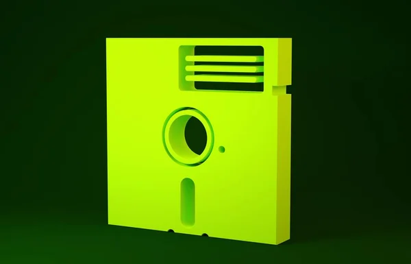 Disco flexível amarelo no ícone de 5,25 polegadas isolado no fundo verde. Disco flexível para armazenamento de dados de computador. Sinal de disquete. Conceito de minimalismo. 3D ilustração 3D render — Fotografia de Stock