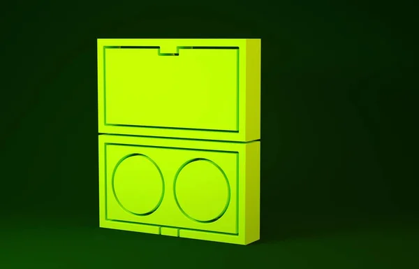 Pó de maquiagem amarelo com ícone de espelho isolado no fundo verde. Conceito de minimalismo. 3D ilustração 3D render — Fotografia de Stock