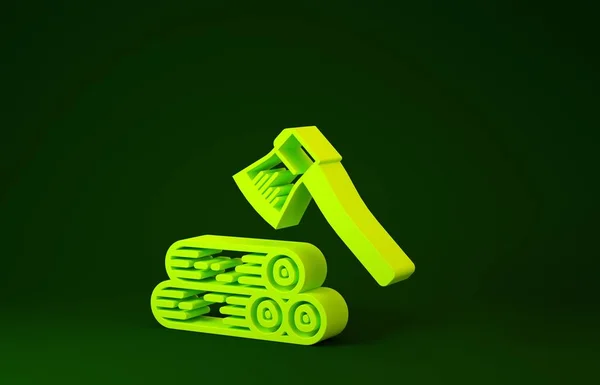 Hacha de madera amarilla y madera icono aislado sobre fondo verde. Hacha de leñador. Concepto minimalista. 3D ilustración 3D render — Foto de Stock