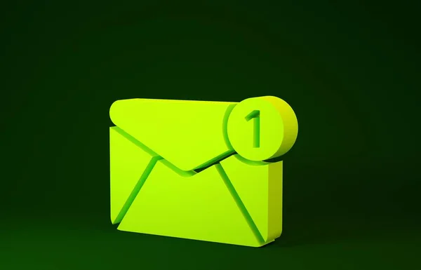 Ícone de envelope amarelo isolado no fundo verde. Conceito de mensagem recebida. Novo, mensagem de entrada de e-mail, SMS. Serviço de entrega de correio. Conceito de minimalismo. 3D ilustração 3D render — Fotografia de Stock