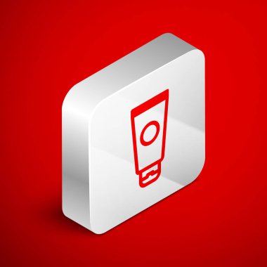 Kırmızı arkaplanda Isometric line Cream veya losyon kozmetik tüp ikonu izole edildi. Erkekler için vücut bakım ürünleri. Gümüş kare düğme. Vektör İllüstrasyonu