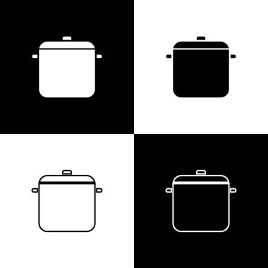 Siyah ve beyaz arka planda izole pişirme pot simgesini ayarlayın. Kaynatın veya güveç gıda sembolü. Vektör Illustration