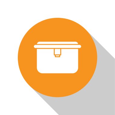 Beyaz arka planda beyaz beslenme kutusu simgesi izole edildi. Turuncu daire düğmesi. Vektör İllüstrasyonu