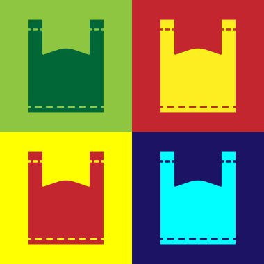 Renkli plastik torba simgesi renk arkaplanında izole edildi. Tek kullanımlık selofan ve politen paket yasaklama işareti. Vektör İllüstrasyonu