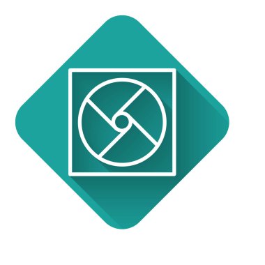 Beyaz çizgi havalandırma ikonu uzun gölgeli izole edildi. Yeşil kare düğmesi. Vektör İllüstrasyonu