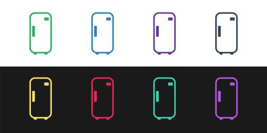 Buzdolabı simgesini siyah beyaz arkaplanda ayır. Buzdolabı buzdolabı. Ev aletleri ve aletler. Vektör İllüstrasyonu