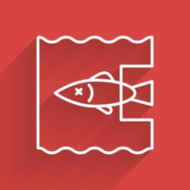 Beyaz çizgi uzun gölgeli okyanus plastik kirliliğini durdurur. Çevre koruma kavramı. Balıklar plastiğe hayır der. Vektör İllüstrasyonu