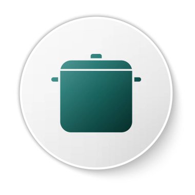 Yeşil Pişirme pot simgesi beyaz arka plan üzerinde izole. Kaynatın veya güveç gıda sembolü. Beyaz daire düğmesi. Vektör İllüstrasyonu