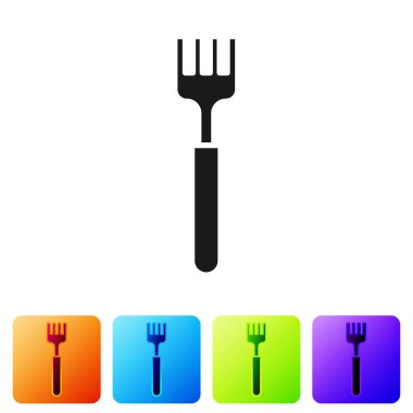 Siyah Çatal simgesi beyaz arkaplanda izole edildi. Çatal bıçak sembolü. Renkli kare düğmelerle simgeleri ayarla. Vektör İllüstrasyonu