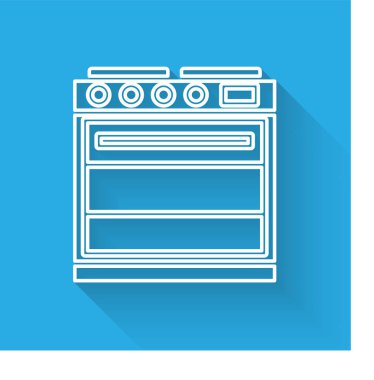 Beyaz çizgi fırın simgesi uzun gölgeli izole edilmiş. Fırın tabelası. Vektör İllüstrasyonu