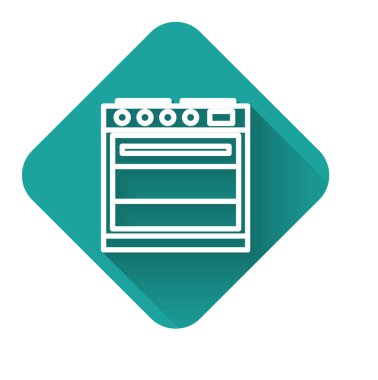 Beyaz çizgi fırın simgesi uzun gölgeli izole edilmiş. Fırın tabelası. Yeşil kare düğmesi. Vektör İllüstrasyonu