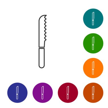 Gri çizgi ekmek bıçağı ikonu beyaz arka planda izole edildi. Çatal bıçak sembolü. Simgeleri renk daire düğmelerine ayarla. Vektör İllüstrasyonu
