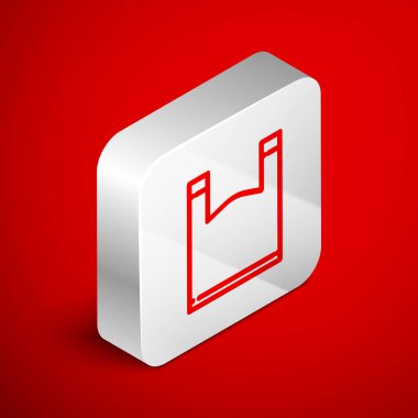 Kırmızı arkaplanda izole edilmiş plastik poşet simgesi. Tek kullanımlık selofan ve politen paket yasaklama işareti. Gümüş kare düğme. Vektör İllüstrasyonu