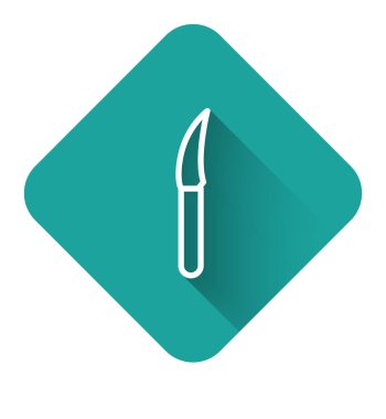 Beyaz çizgi bıçak ikonu uzun gölgeli izole edilmiş. Çatal bıçak sembolü. Yeşil kare düğmesi. Vektör İllüstrasyonu