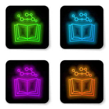 Parlayan neon hattı Açık kitap simgesi beyaz arkaplanda izole edildi. Siyah kare düğme. Vektör İllüstrasyonu