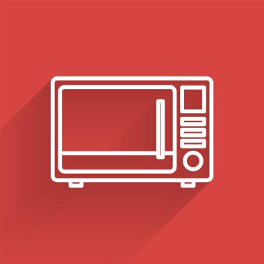 Beyaz çizgi mikrodalga fırın ikonu uzun gölgeli izole edilmiş. Ev aletleri simgesi. Vektör İllüstrasyonu