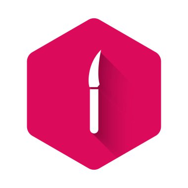 Beyaz Bıçak simgesi uzun gölgeli izole edilmiş. Çatal bıçak sembolü. Pembe altıgen düğmesi. Vektör İllüstrasyonu