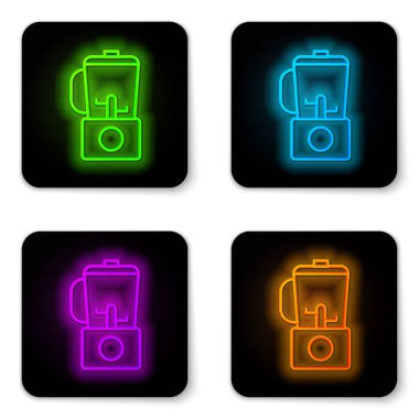 Parlayan neon hattı karıştırıcı simgesi beyaz arkaplanda izole edildi. Mutfak elektrikli kırıcı ve kase. Meyve suyu, kokteyl ya da meyve suyu. Siyah kare düğme. Vektör İllüstrasyonu