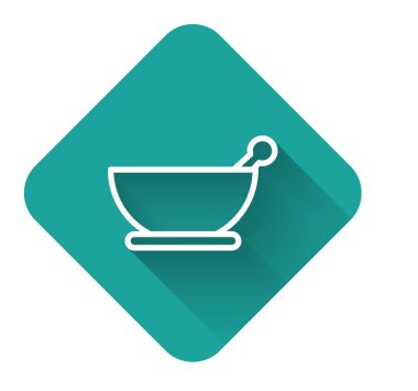 White line Mortar and pestle icon isolated with long shadow. Green square button. Vector Illustration