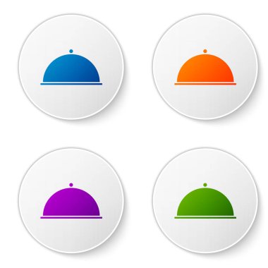 Color Covered with a tray of food icon isolated on white background. Tray and lid. Restaurant cloche with lid. Kitchenware symbol. Set icons in circle buttons. Vector Illustration