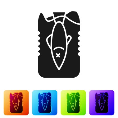 Black Stop ocean plastic pollution icon isolated on white background. Environment protection concept. Fish say no to plastic. Set icons in color square buttons. Vector Illustration