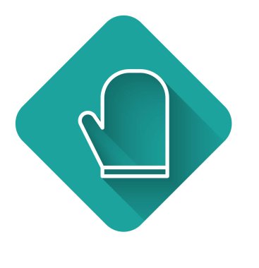 Uzun gölgeli beyaz çizgi fırın eldiveni ikonu. Mutfak tutacağı işareti. Yemek eldiveni. Yeşil kare düğmesi. Vektör İllüstrasyonu