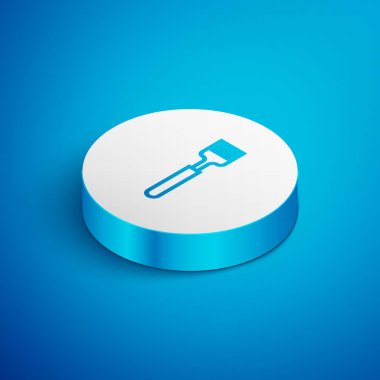 Isometric line Fork icon isolated on blue background. Cutlery symbol. White circle button. Vector Illustration