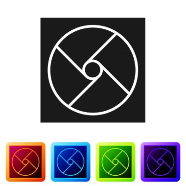 Beyaz arkaplanda siyah havalandırma simgesi izole edildi. Renkli kare düğmelerle simgeleri ayarla. Vektör İllüstrasyonu