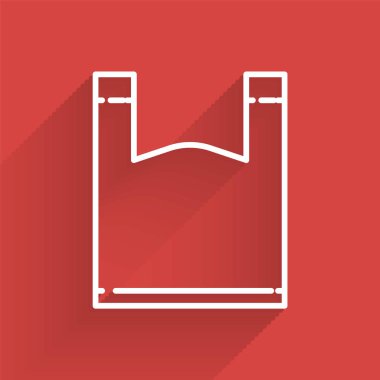 White line Plastic bag icon isolated with long shadow. Disposable cellophane and polythene package prohibition sign.  Vector Illustration