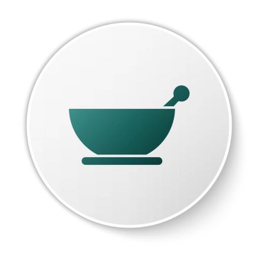 Green Mortar and pestle icon isolated on white background. White circle button. Vector Illustration
