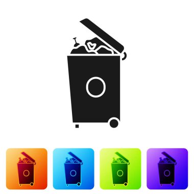Black Trash can icon isolated on white background. Garbage bin sign. Recycle basket icon. Office trash icon. Set icons in color square buttons. Vector Illustration
