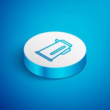 Isometric çizgisi Kettle mavi arkaplanda ikon izole edilmiş. Çaydanlık ikonu. Beyaz daire düğmesi. Vektör İllüstrasyonu