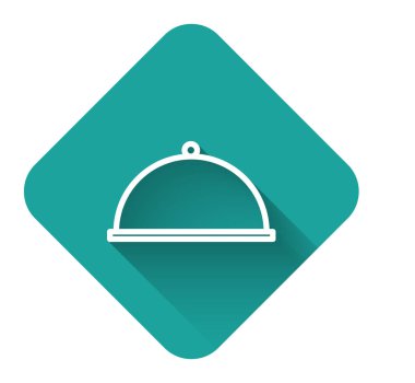 White line Covered with a tray of food icon isolated with long shadow. Tray and lid. Restaurant cloche with lid. Kitchenware symbol. Green square button. Vector Illustration
