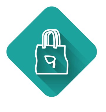 Geri dönüşüm simgesiyle uzun gölgeli beyaz çizgi kağıt alışveriş torbası. Geri dönüşüm sembollü çanta. Yeşil kare düğmesi. Vektör İllüstrasyonu