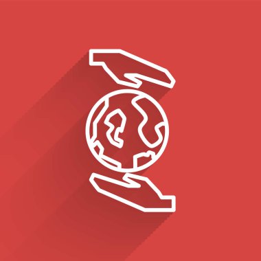 Beyaz çizgi. İnsan elleri Dünya 'nın ikonunu uzun gölgeli tutuyor. Dünya kavramını sakla. Vektör İllüstrasyonu