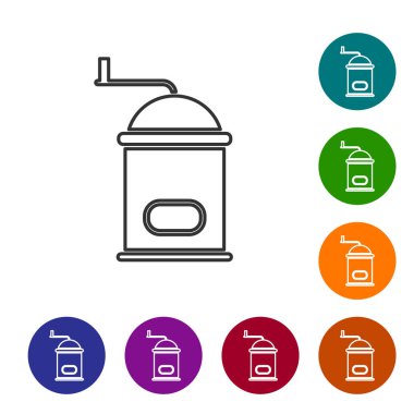 Gri çizgi Manuel kahve öğütücü simgesi beyaz arkaplanda izole edilmiş. Simgeleri renk daire düğmelerine ayarla. Vektör İllüstrasyonu