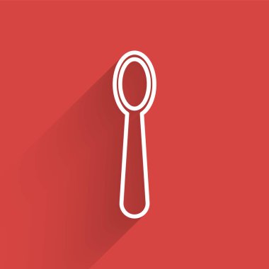 Tek kullanımlık beyaz çizgi, uzun gölgeli plastik kaşık simgesi. Vektör İllüstrasyonu