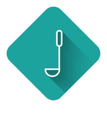 Beyaz çizgi Mutfak Kepçesi simgesi uzun gölgeli izole edilmiş. Mutfak aletleri. Çatal kaşık tabelası. Yeşil kare düğmesi. Vektör İllüstrasyonu