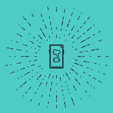 Siyah hat, yeşil arka planda izole edilmiş cep telefonu simgesine megafon mesajı yay. Soyut çember rastgele noktalar. Vektör İllüstrasyonu