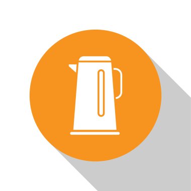 White Kettle with handle icon isolated on white background. Teapot icon. Orange circle button. Vector Illustration