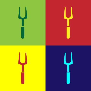 Renkli barbekü çatal simgesi renk arkaplanında izole edildi. Mangal çatalı işareti. Barbekü ve ızgara aleti. Vektör İllüstrasyonu